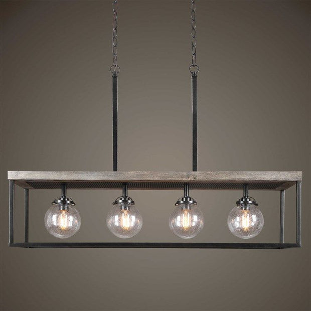 Uttermost Pearsall Seeded Glass Bulbs with Textured Black Metal and Distressed Wood Island Light