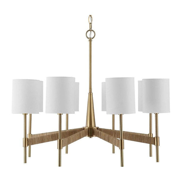 Uttermost Lautoka Rattan Wrapped Arms with Warm Brass Finish and White Linen Shades 8 Light Chandelier