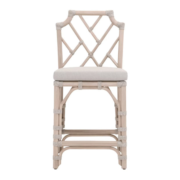 Essentials For Living Bayview Counter Stool ~ Taupe & White Flat Rope, Performance Pumice Fabric With Washed Ever Teak Frame