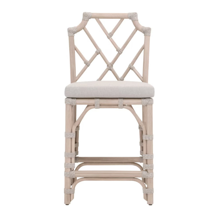Essentials For Living Bayview Counter Stool ~ Taupe & White Flat Rope, Performance Pumice Fabric With Washed Ever Teak Frame