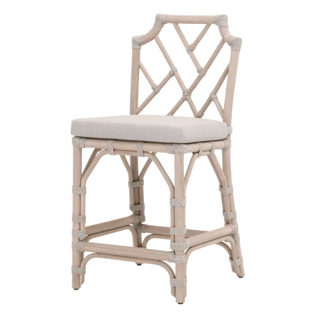 Essentials For Living Bayview Counter Stool ~ Taupe & White Flat Rope, Performance Pumice Fabric With Washed Ever Teak Frame