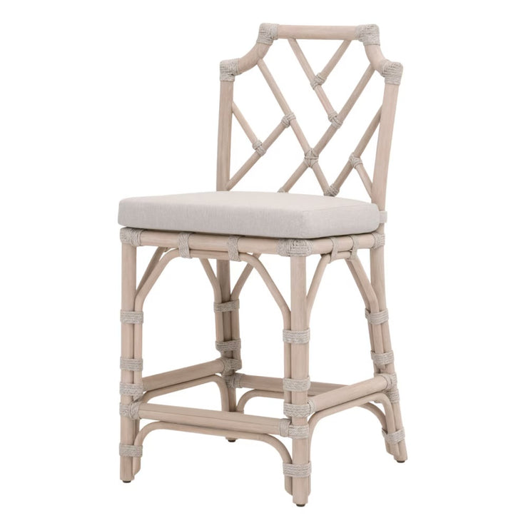 Essentials For Living Bayview Counter Stool ~ Taupe & White Flat Rope, Performance Pumice Fabric With Washed Ever Teak Frame