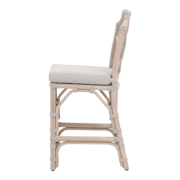 Essentials For Living Bayview Counter Stool ~ Taupe & White Flat Rope, Performance Pumice Fabric With Washed Ever Teak Frame