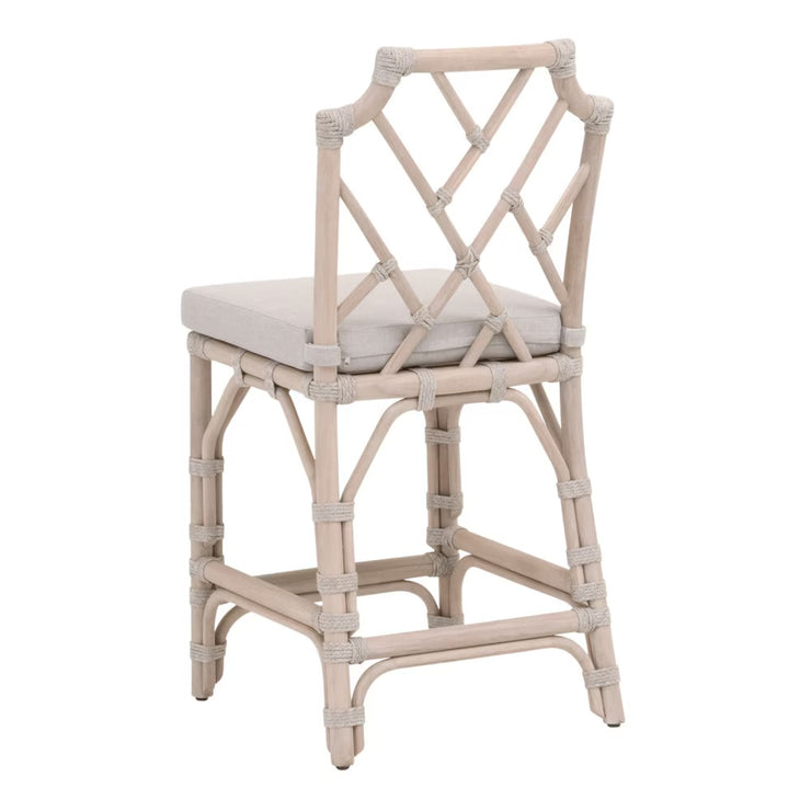 Essentials For Living Bayview Counter Stool ~ Taupe & White Flat Rope, Performance Pumice Fabric With Washed Ever Teak Frame