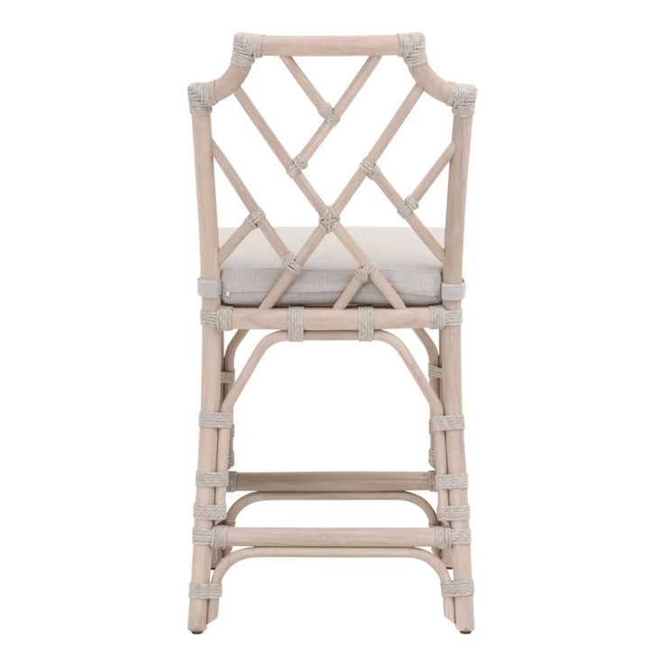 Essentials For Living Bayview Counter Stool ~ Taupe & White Flat Rope, Performance Pumice Fabric With Washed Ever Teak Frame