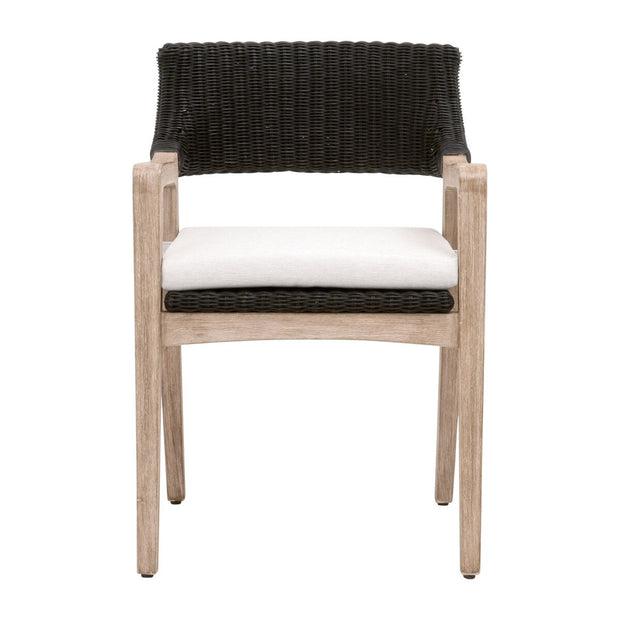 Essentials For Living Lucia Arm Dining Chair ~ Black Rattan, Performance White Speckle With Natural Gray Mahogany Frame