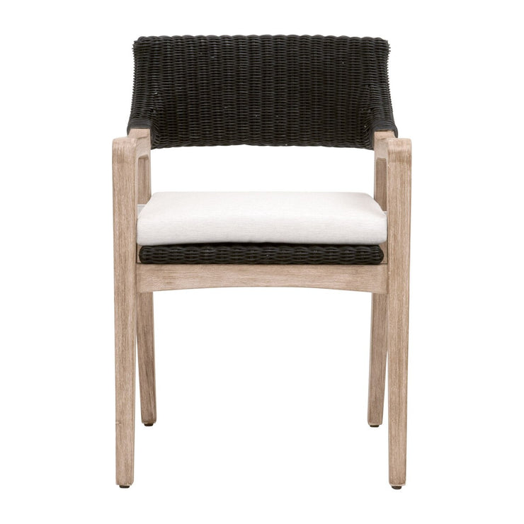 Essentials For Living Lucia Arm Dining Chair ~ Black Rattan, Performance White Speckle With Natural Gray Mahogany Frame