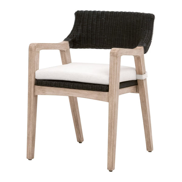 Essentials For Living Lucia Arm Dining Chair ~ Black Rattan, Performance White Speckle With Natural Gray Mahogany Frame