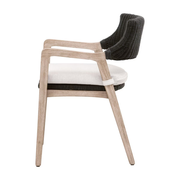 Essentials For Living Lucia Arm Dining Chair ~ Black Rattan, Performance White Speckle With Natural Gray Mahogany Frame