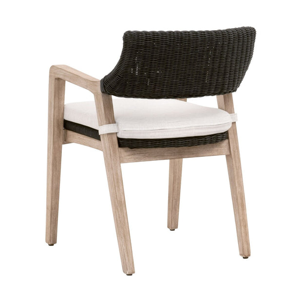 Essentials For Living Lucia Arm Dining Chair ~ Black Rattan, Performance White Speckle With Natural Gray Mahogany Frame