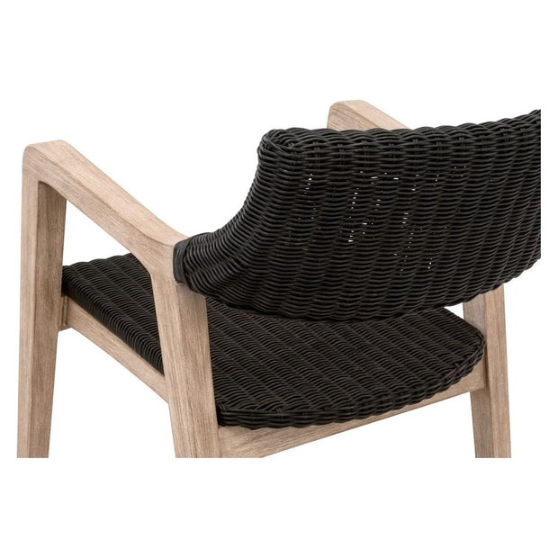Essentials For Living Lucia Arm Dining Chair ~ Black Rattan, Performance White Speckle With Natural Gray Mahogany Frame