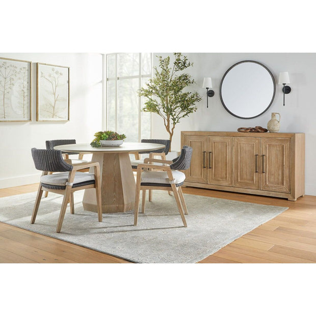 Essentials For Living Lucia Arm Dining Chair ~ Black Rattan, Performance White Speckle With Natural Gray Mahogany Frame