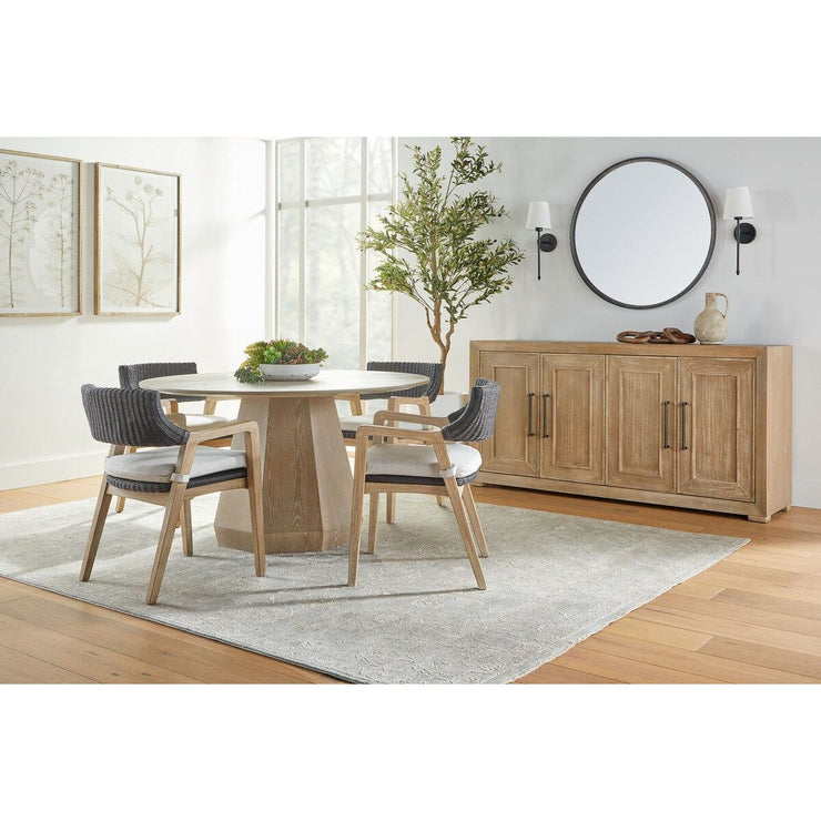 Essentials For Living Lucia Arm Dining Chair ~ Black Rattan, Performance White Speckle With Natural Gray Mahogany Frame
