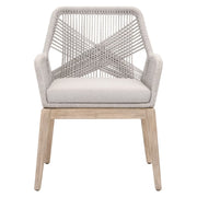 Essentials For Living Loom Arm Dining Chair ~ Taupe & White Flat Rope, Performance Pumice With Natural Gray Mahogany Frame