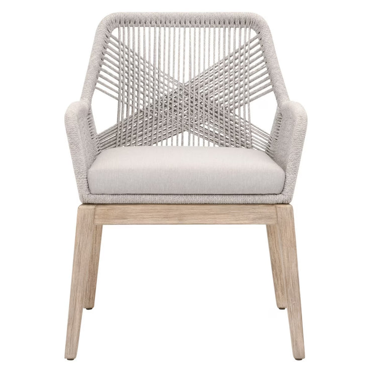 Essentials For Living Loom Arm Dining Chair ~ Taupe & White Flat Rope, Performance Pumice With Natural Gray Mahogany Frame