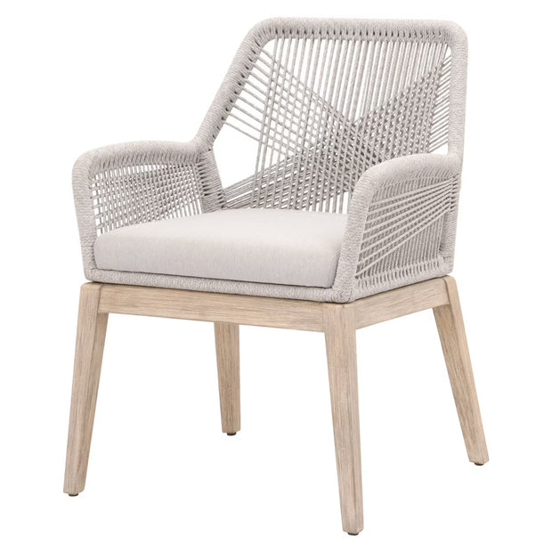 Essentials For Living Loom Arm Dining Chair ~ Taupe & White Flat Rope, Performance Pumice With Natural Gray Mahogany Frame