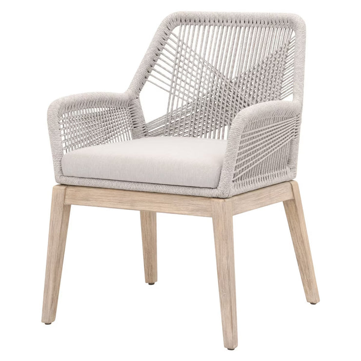 Essentials For Living Loom Arm Dining Chair ~ Taupe & White Flat Rope, Performance Pumice With Natural Gray Mahogany Frame