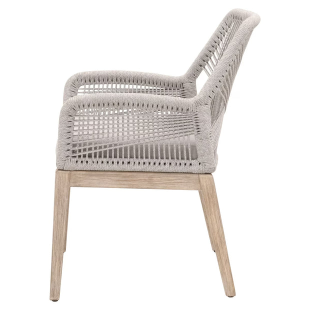 Essentials For Living Loom Arm Dining Chair ~ Taupe & White Flat Rope, Performance Pumice With Natural Gray Mahogany Frame