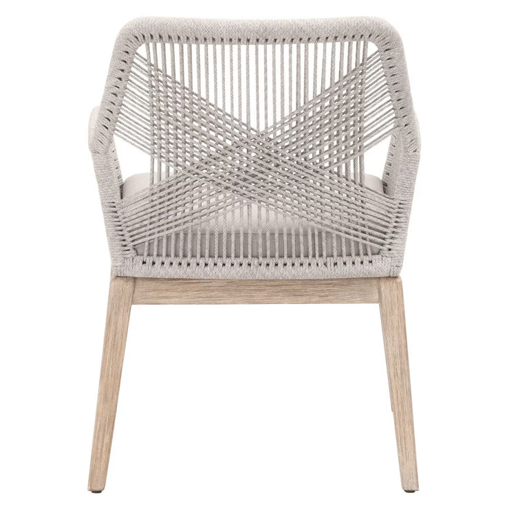 Essentials For Living Loom Arm Dining Chair ~ Taupe & White Flat Rope, Performance Pumice With Natural Gray Mahogany Frame
