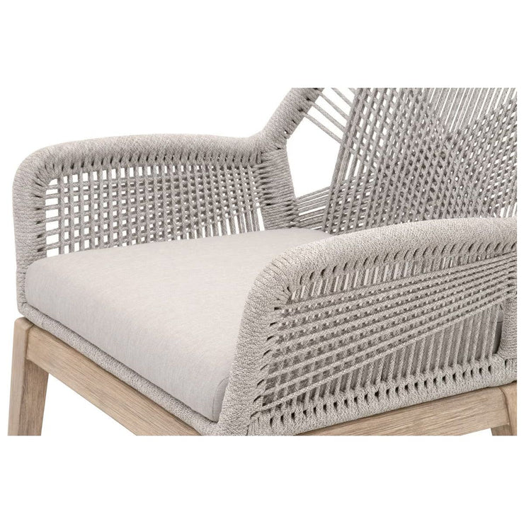 Essentials For Living Loom Arm Dining Chair ~ Taupe & White Flat Rope, Performance Pumice With Natural Gray Mahogany Frame