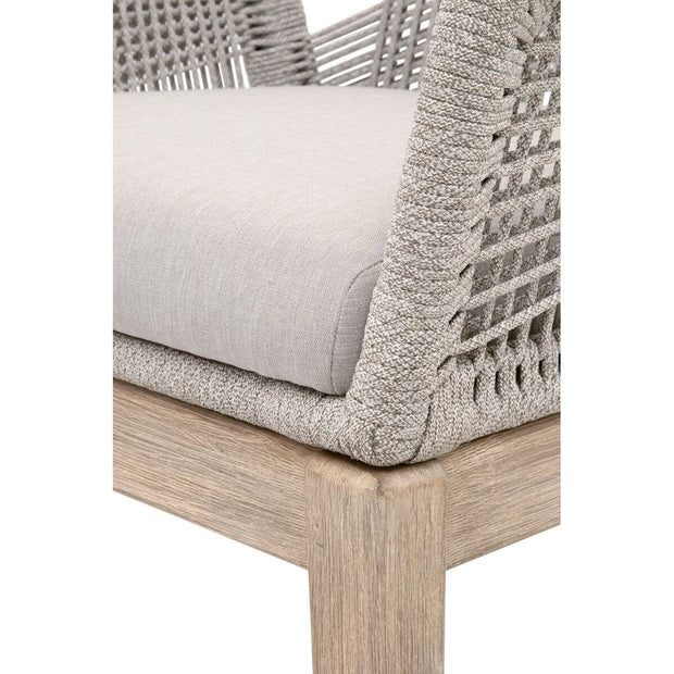 Essentials For Living Loom Arm Dining Chair ~ Taupe & White Flat Rope, Performance Pumice With Natural Gray Mahogany Frame