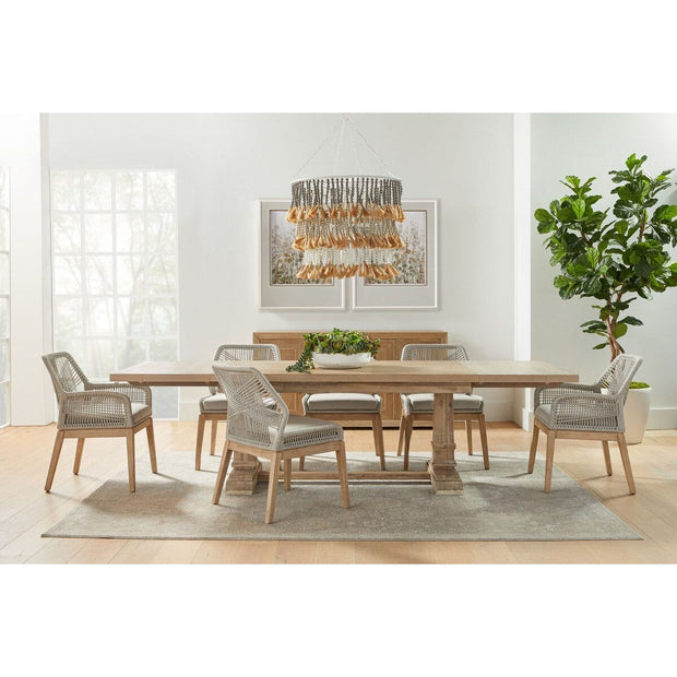 Essentials For Living Loom Arm Dining Chair ~ Taupe & White Flat Rope, Performance Pumice With Natural Gray Mahogany Frame