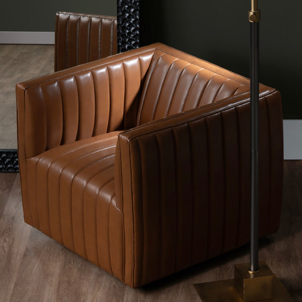 Crestview Collection Huxley Cognac Faux Leather Channeled Accent Chair