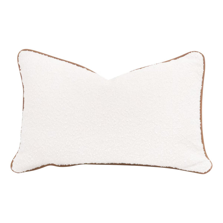 Essentials For Living The Not So Basic 20” Essential Lumbar Pillow ~ LiveSmart Boucle-Snow, Whiskey Brown Top Grain Leather Piping