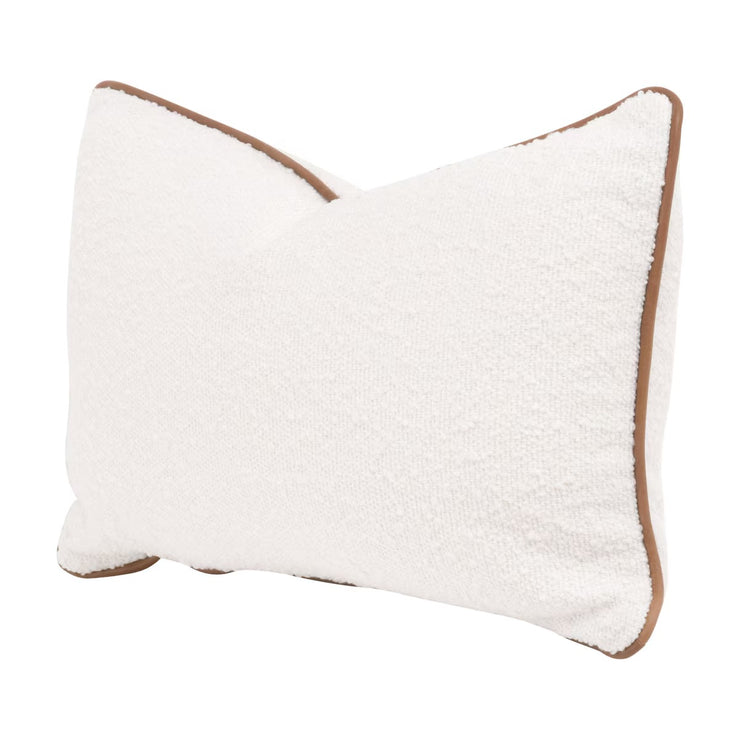 Essentials For Living The Not So Basic 20” Essential Lumbar Pillow ~ LiveSmart Boucle-Snow, Whiskey Brown Top Grain Leather Piping