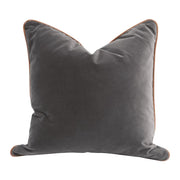 Essentials For Living The Not So Basic 20” Essential Pillow ~ Dark Dove Velvet, Whiskey Brown Top Grain Leather Piping