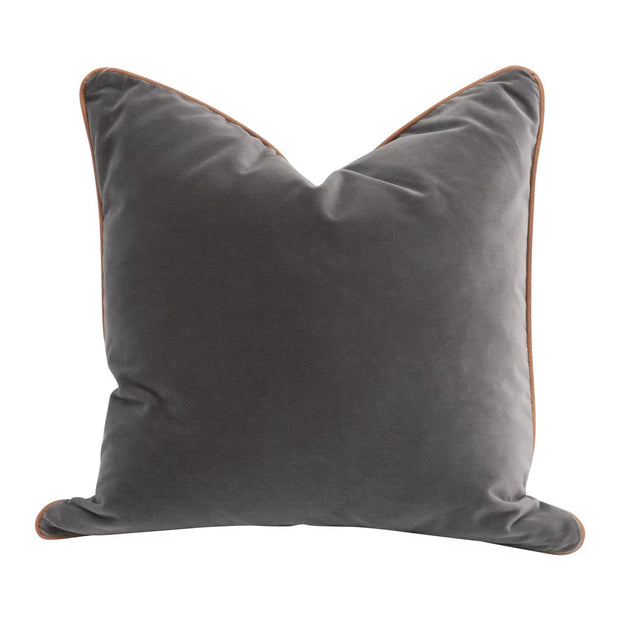 Essentials For Living The Not So Basic 20” Essential Pillow ~ Dark Dove Velvet, Whiskey Brown Top Grain Leather Piping