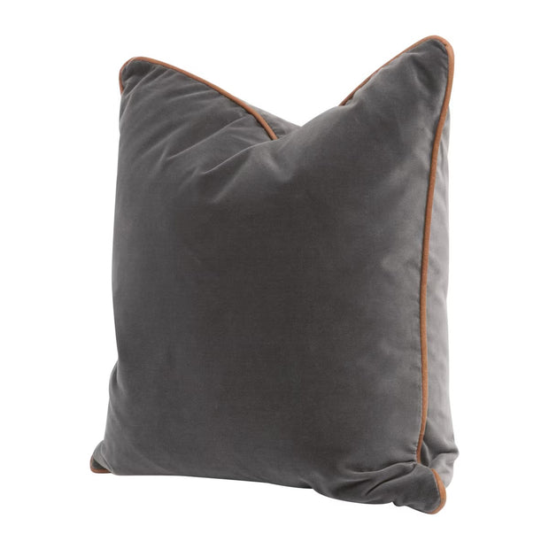 Essentials For Living The Not So Basic 20” Essential Pillow ~ Dark Dove Velvet, Whiskey Brown Top Grain Leather Piping