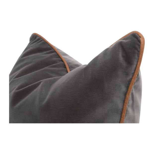 Essentials For Living The Not So Basic 20” Essential Pillow ~ Dark Dove Velvet, Whiskey Brown Top Grain Leather Piping