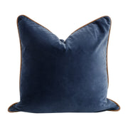 Essentials For Living The Not So Basic 22” Essential Pillow ~ Denim Velvet, Whiskey Brown Top Grain Leather Piping