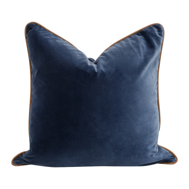 Essentials For Living The Not So Basic 22” Essential Pillow ~ Denim Velvet, Whiskey Brown Top Grain Leather Piping