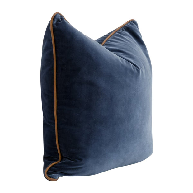 Essentials For Living The Not So Basic 22” Essential Pillow ~ Denim Velvet, Whiskey Brown Top Grain Leather Piping