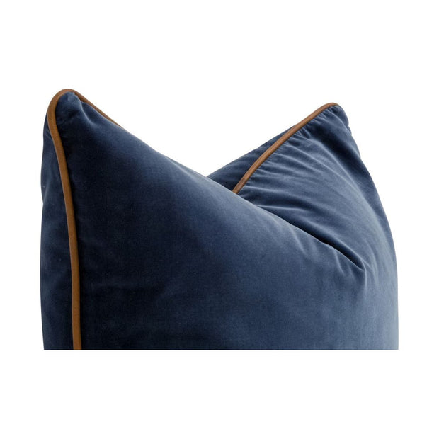 Essentials For Living The Not So Basic 22” Essential Pillow ~ Denim Velvet, Whiskey Brown Top Grain Leather Piping