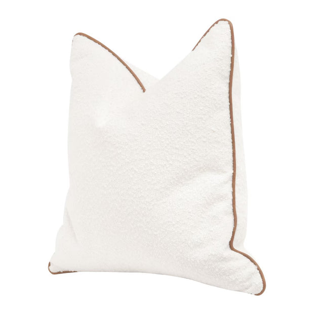 Essentials For Living The Not So Basic 22” Essential Pillow ~ LiveSmart Boucle-Snow, Whiskey Brown Top Grain Leather Piping