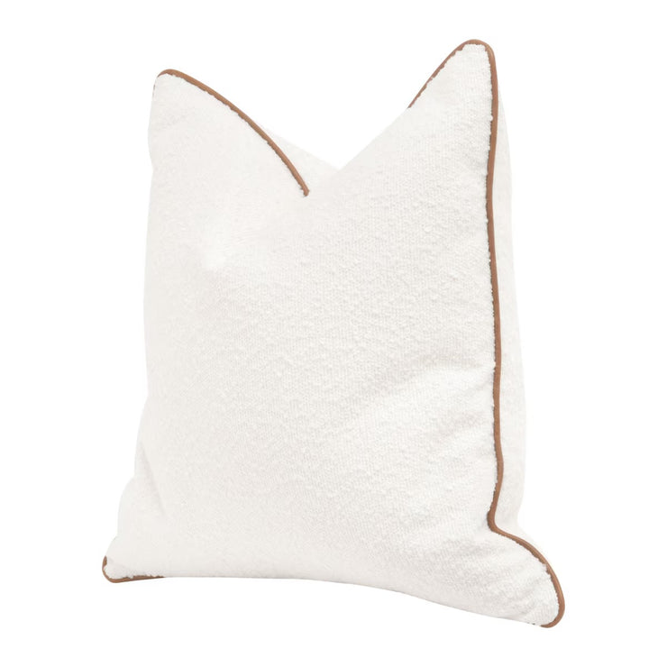Essentials For Living The Not So Basic 22” Essential Pillow ~ LiveSmart Boucle-Snow, Whiskey Brown Top Grain Leather Piping