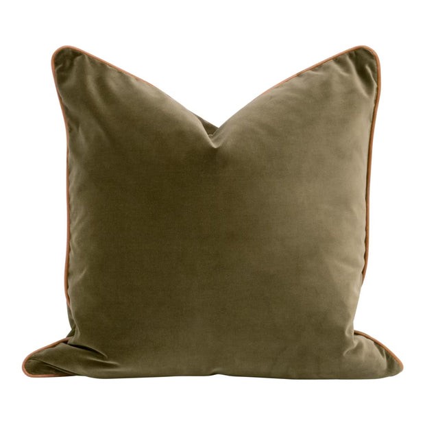 Essentials For Living The Not So Basic 22” Essential Pillow ~ Olive Velvet, Whiskey Brown Top Grain Leather Piping