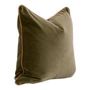 Essentials For Living The Not So Basic 22” Essential Pillow ~ Olive Velvet, Whiskey Brown Top Grain Leather Piping