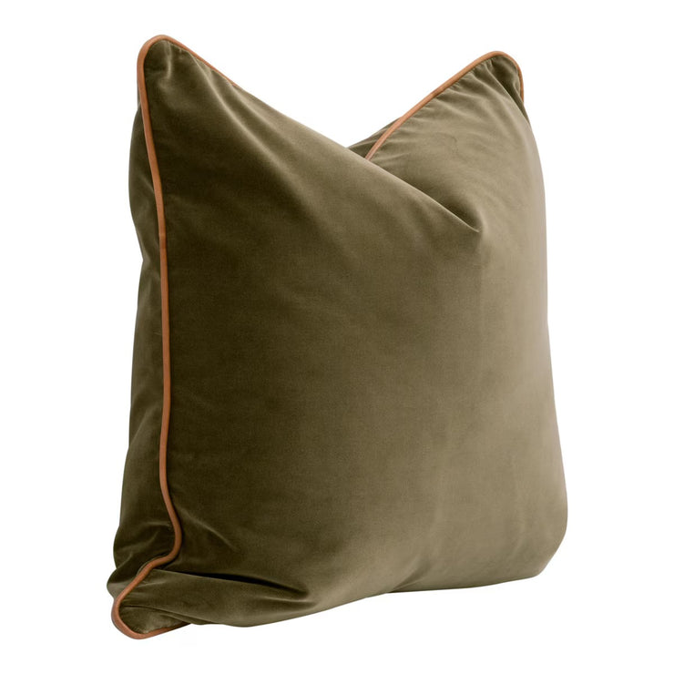 Essentials For Living The Not So Basic 22” Essential Pillow ~ Olive Velvet, Whiskey Brown Top Grain Leather Piping