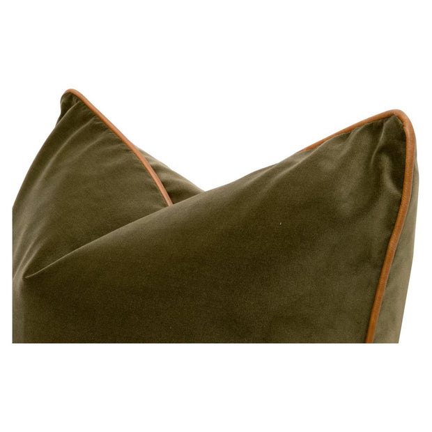 Essentials For Living The Not So Basic 22” Essential Pillow ~ Olive Velvet, Whiskey Brown Top Grain Leather Piping