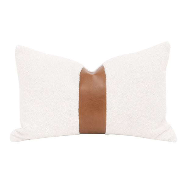 Essentials For Living The Split Decision 20” Essential Lumbar Pillow ~ LiveSmart Boucle-Snow, Whiskey Brown Top Grain Leather Stripe