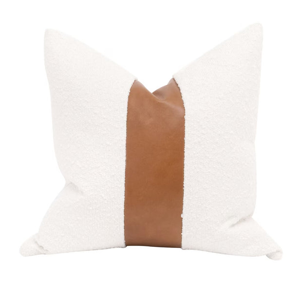 Essentials For Living The Split Decision 20” Essential Pillow ~ LiveSmart Boucle-Snow, Whiskey Brown Top Grain Leather Stripe