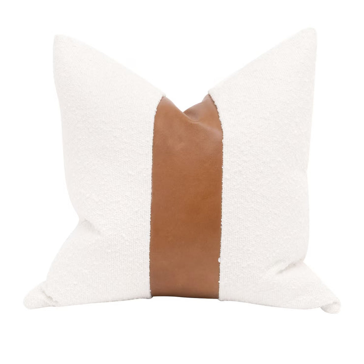Essentials For Living The Split Decision 20” Essential Pillow ~ LiveSmart Boucle-Snow, Whiskey Brown Top Grain Leather Stripe
