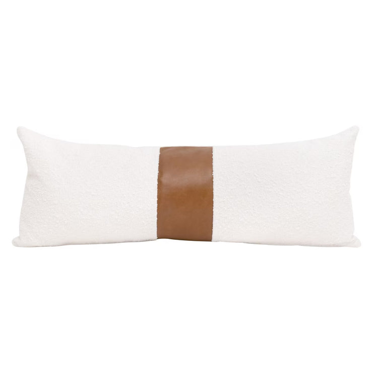 Essentials For Living The Split Decision 22” Essential Pillow ~ LiveSmart Boucle Snow, Whiskey Brown Top Grain Leather Stripe
