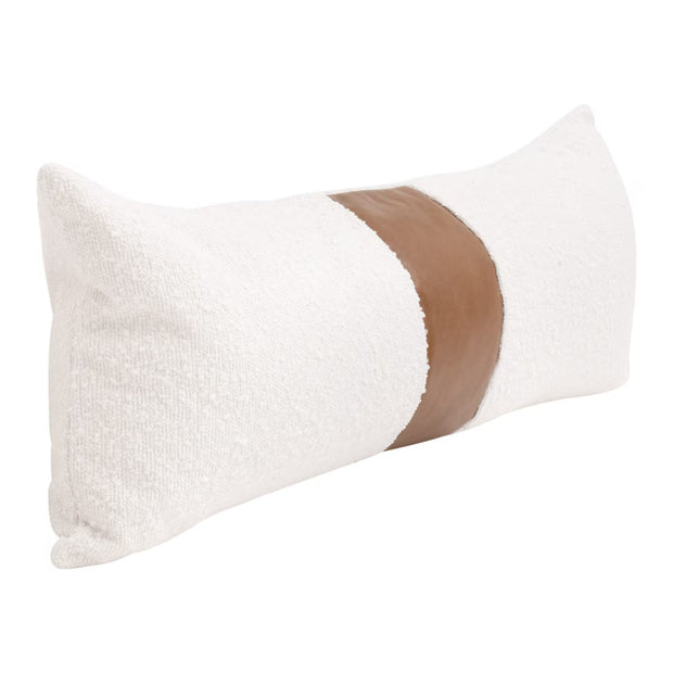 Essentials For Living The Split Decision 22” Essential Pillow ~ LiveSmart Boucle Snow, Whiskey Brown Top Grain Leather Stripe