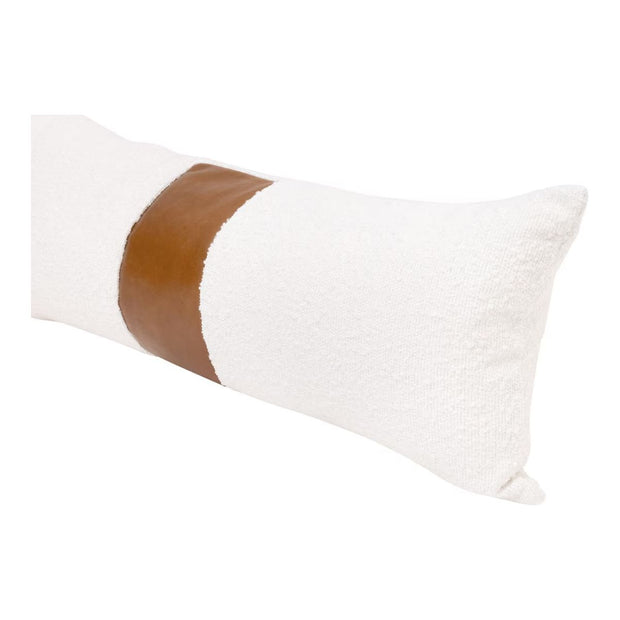 Essentials For Living The Split Decision 22” Essential Pillow ~ LiveSmart Boucle Snow, Whiskey Brown Top Grain Leather Stripe