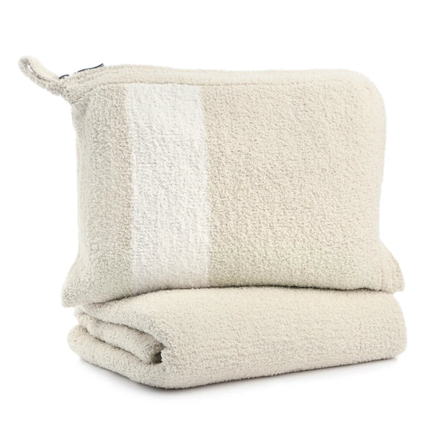 Kashwere Ultra Plush Linen and Creme Stripe Travel Blanket With Pouch